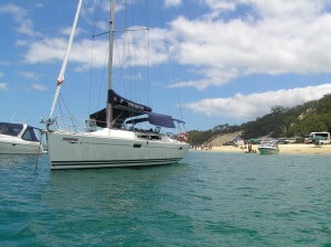 Fascination at anchor with boom tent at Tangalooma